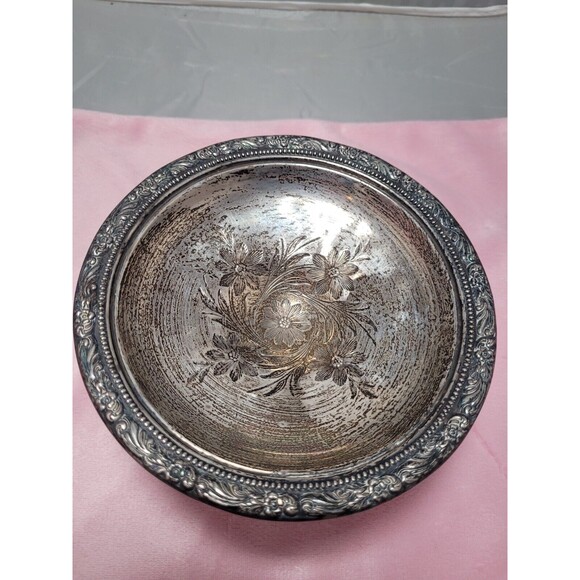 Vintage Sterling  Pedestal Candy Dish Repousse Rim Etched Engraved Design - Picture 2 of 5